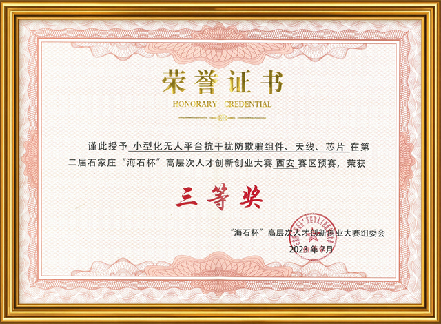 CRPA antenna manufacturer innovation and entrepreneurship award certificate